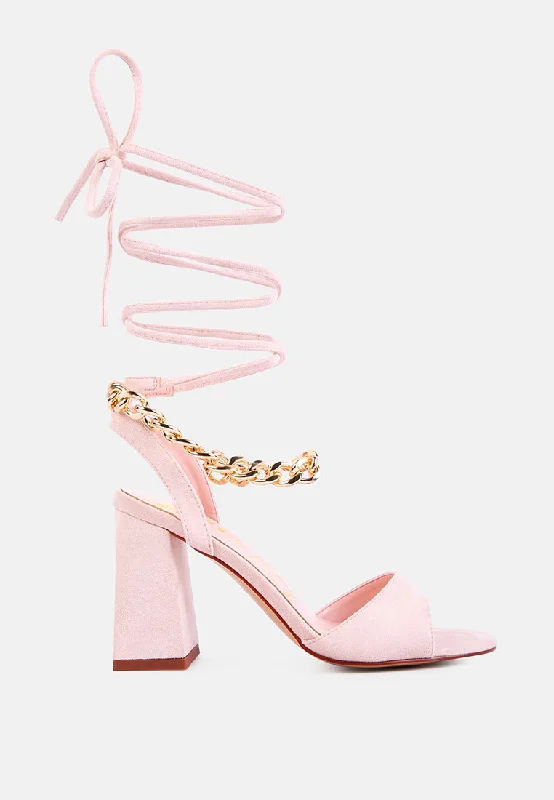 gone gurl chain embellishment tie up block heel sandals