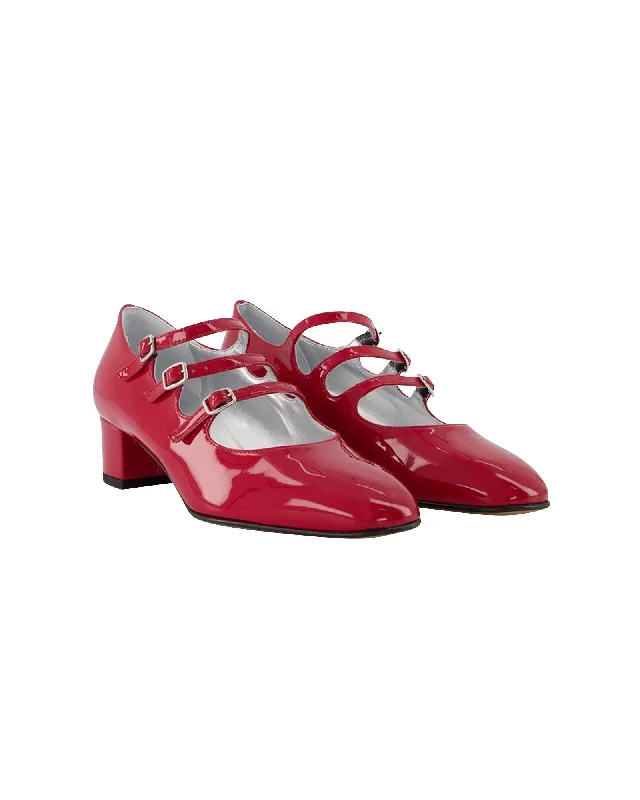 Red Patent Leather Mary Jane Shoes with Triple Strap Closure