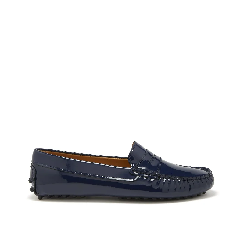 Women's Embroidered Floral Pattern Loafers in Beige for a Spring - Inspired OutfitWomen's Penny Driving Loafers, navy blue patent leather