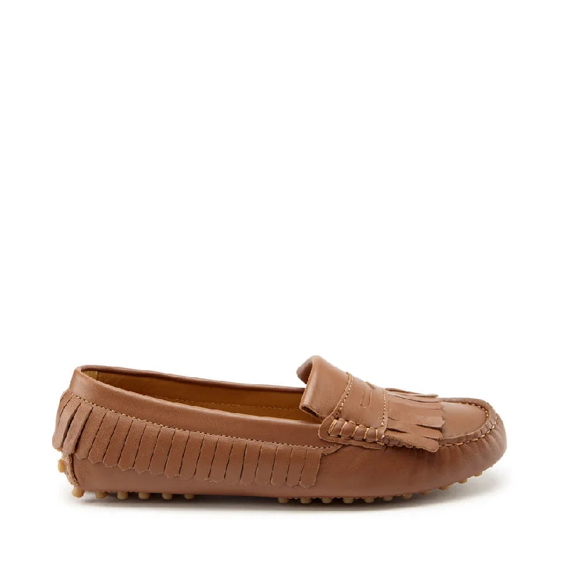 Child - Friendly Women's Loafers in Purple for Moms on the GoWomen's Fringed Driving Loafers, light tan leather