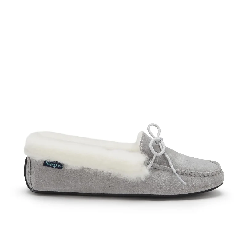 Women's Glitter - Embellished Loafers in Silver for a Sparkly Party LookWomen's slippers, sheepskin, dove grey suede