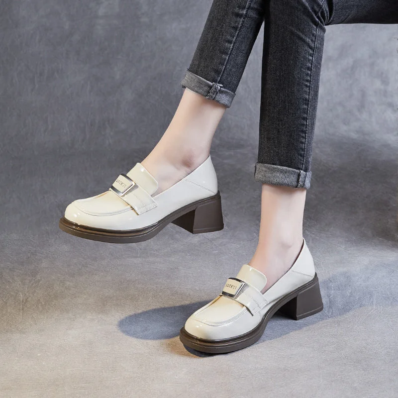 Sustainable Women's Recycled Material Loafers in Gray for Eco - Conscious ShoppersWomen Glossy Leather Casual Chunky Heel Loafers