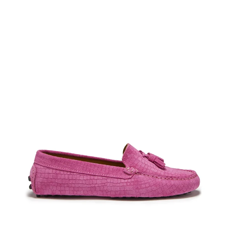 Sustainable Women's Recycled Material Loafers in Gray for Eco - Conscious ShoppersWomen's Tasselled Driving Loafers, pink embossed suede