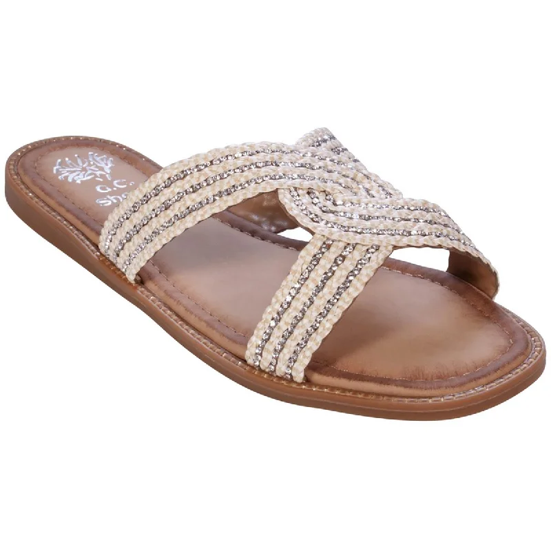 Women's Flat Slide Sandals with a Memory Foam Insole in White for All - Day ComfortGC Shoes Womens JANELL Embellished Woven Slide Sandals