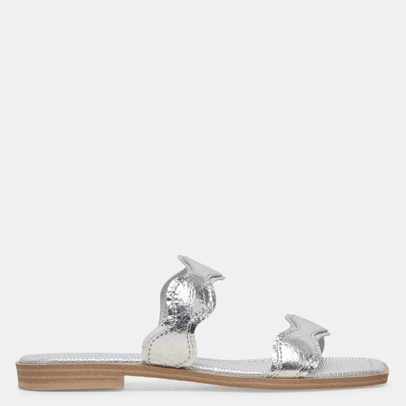 Women's Flat Slide Sandals with a Memory Foam Insole in White for All - Day ComfortIlva Sandals Silver Distressed Leather