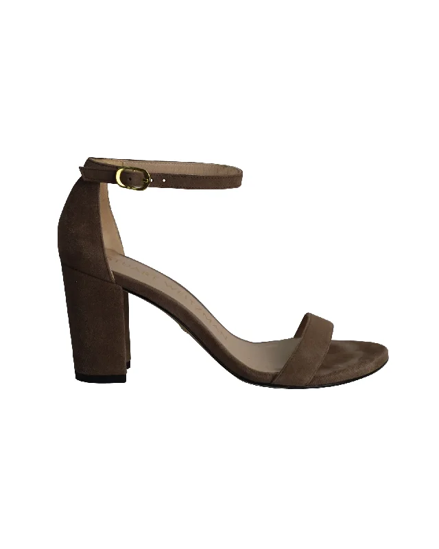 Stuart Weitzman Minimalist High Heel Sandals in Brown Suede